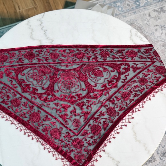 Vintage 1999 Red Velvet Beaded Tango Shawl | Fringe Wrap - Picture 6 of 8